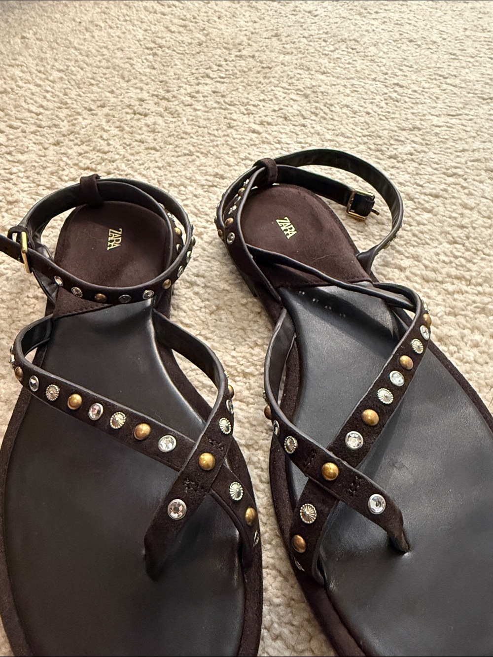Zara Brown Studded Ankle-Strap Sandals - Picture 3 of 6